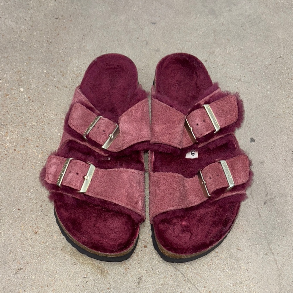 Birkenstock Burgundy Fuzzy Sandals